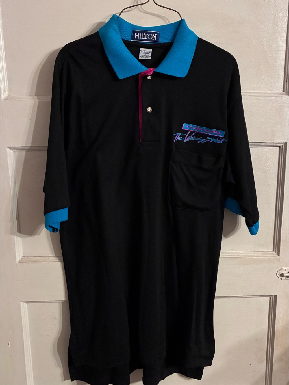 Vintage 90's Team Napa Racing Teal Pink & Black Hilton Polo Pocket Shirt Medium